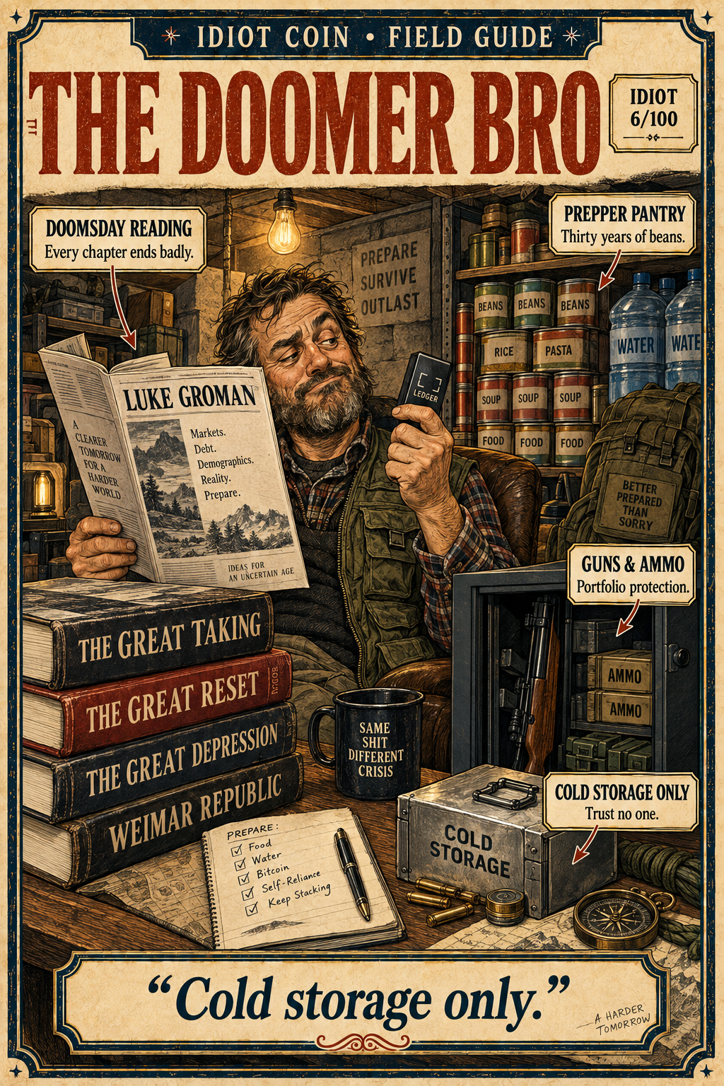 The Doomer Bro collector card: a cold-storage prepper reading Luke Groman